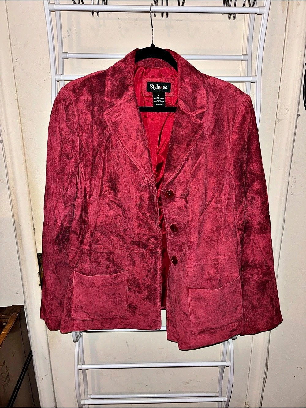 Style & Co Burgundy Genuine Leather Blazer Jacket XL 90s Y2K - Picture 2 of 5